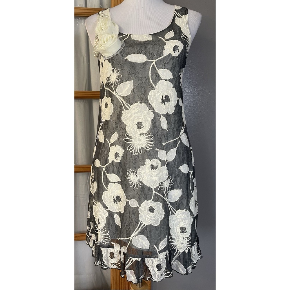 Vtg Ventti USA Floral Lace Mini Dress Sz S Faux Pearl Ruffles Gray Cottagecore
